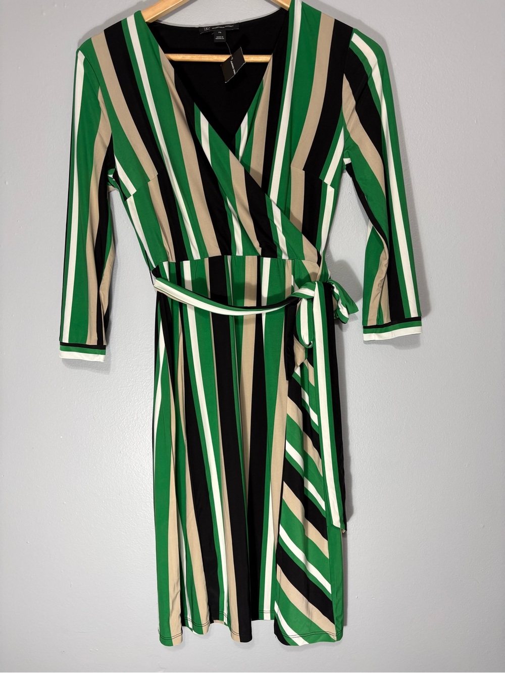 INC International Concepts Green Black Beige and White Striped Wrap Midi Dress